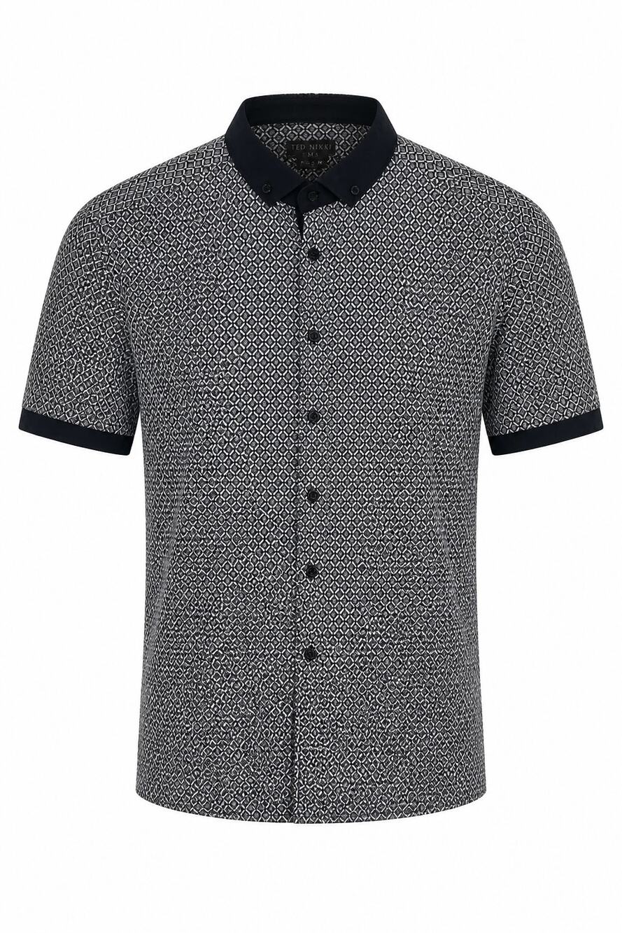DE-NIKO 1989 Men’s Short Sleeve Geometric Button Up Shirt Navy White Pattern M